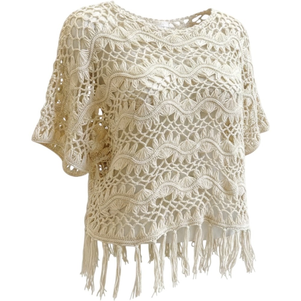 Chico's Crochet Top Women 0 S Cream Fringe Open Knit Boho Scalloped Coastal 70s
